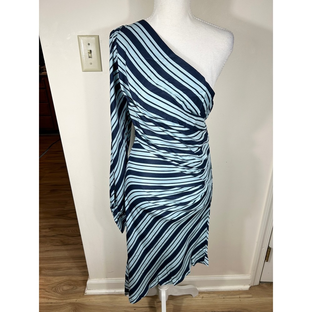 Maeve One Shoulder Dress Women 8 Blue Striped Ruched Asymmetrical Bodycon Party